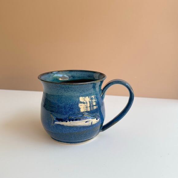 Studio Pottery Blue Glazed Mug Hand Thrown Coffee Cup Fish Motif Fisherman Gift - Picture 1 of 11